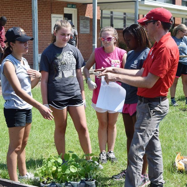 Students speak with faculty member about community service