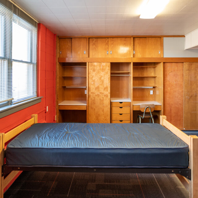 Interior of Powell Hall including built-in cabinets and desk.