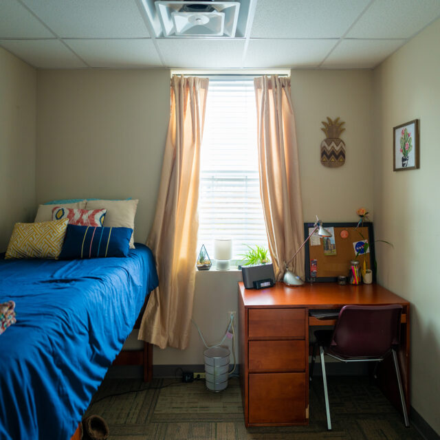 Image of a bedroom including a twin bed and desk inside Bob Barker Hall.