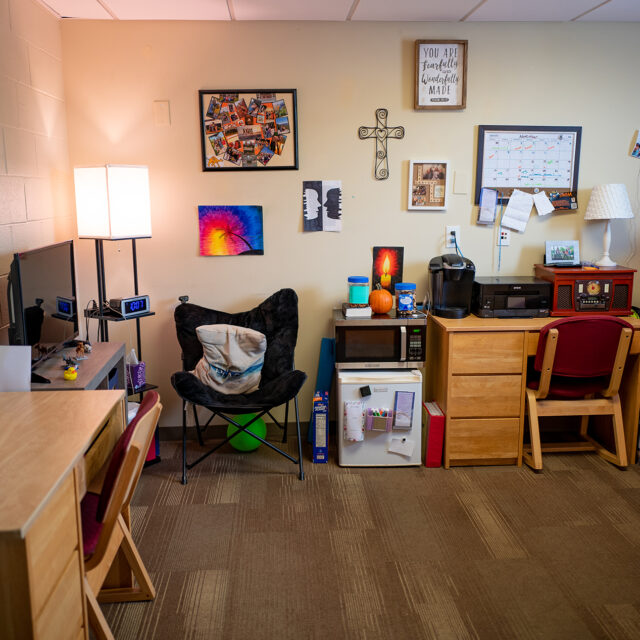 Image of a Burkot Hall room including a TV stand, desk and twin bed.