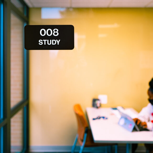 Image of a female student hard at work inside a study room in Jones Hall.