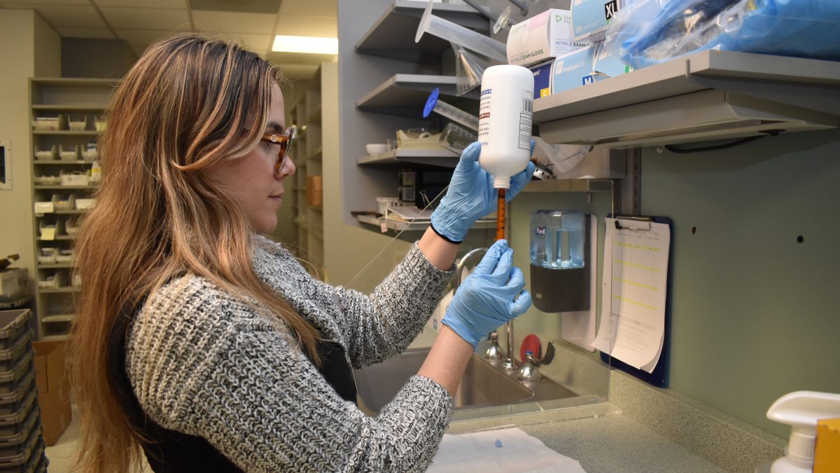 Student doing chemical analysis in exam room