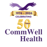 Logo for Comm Well Health. Celebrating 50 Years from 1976-2026 in purple and gold colored text.