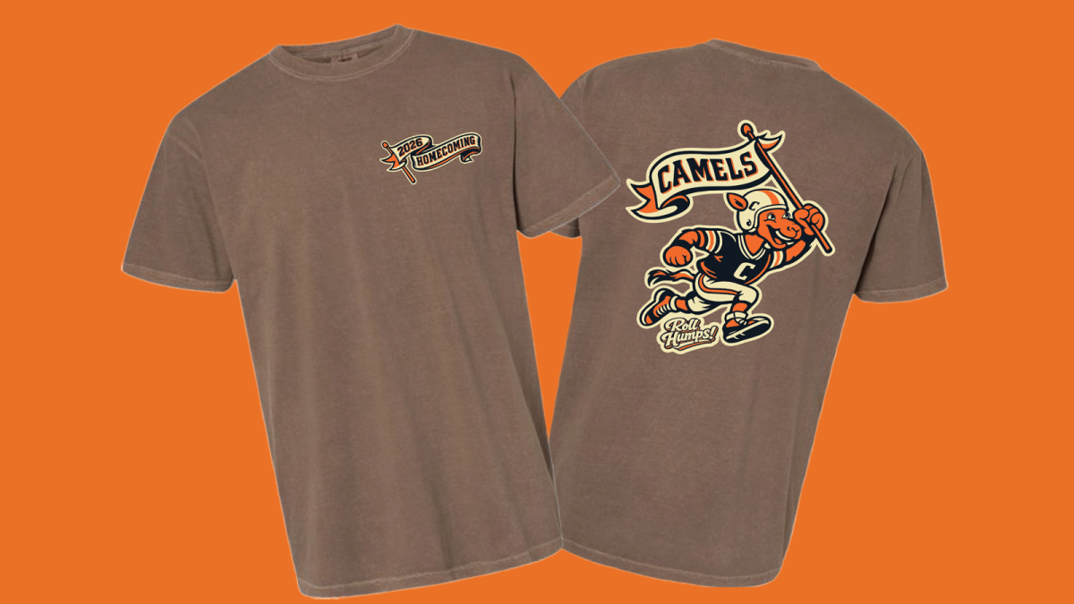 Graphic of retro t-shirt design for 2026 homecoming with a running camel football player.