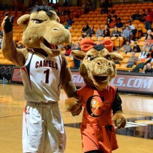 Gladys and Gaylord, two camel mascots, hold hands on the basketball court.