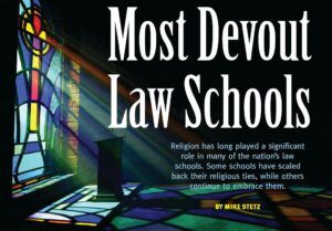 Graphic showing a stained-glass window with the words Most Devout Law Schools