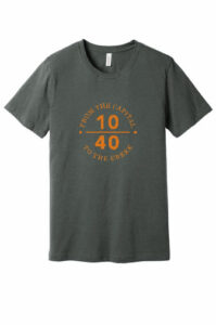 Photo of gray distressed t-shirt with orange 10/40 logo on front