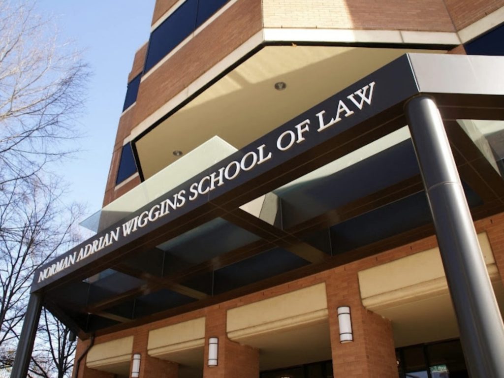Photo of outside front door of law school