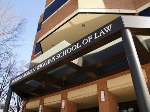 Photo of outside front door of law school