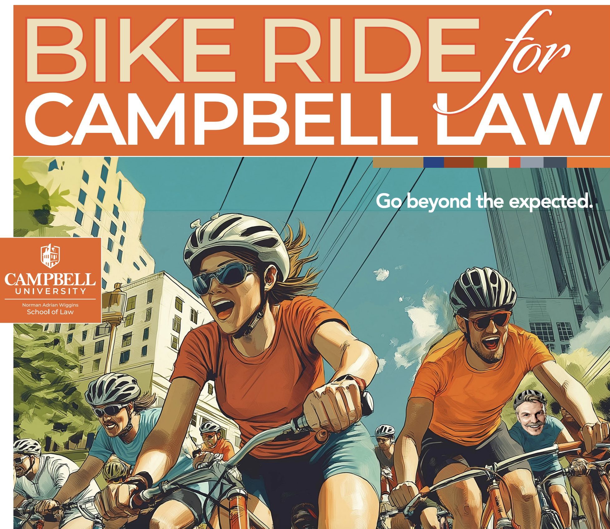 Graphic with words Bike Ride for Campbell Law on top and bike riders depicted riding through downtown and law school logo