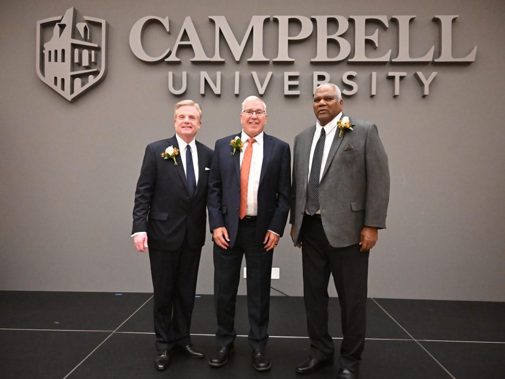 2025 Distinguished Alumni posing for photo (left to right: Luther Starling Jr., Tim Stevens and Cordell Wise)