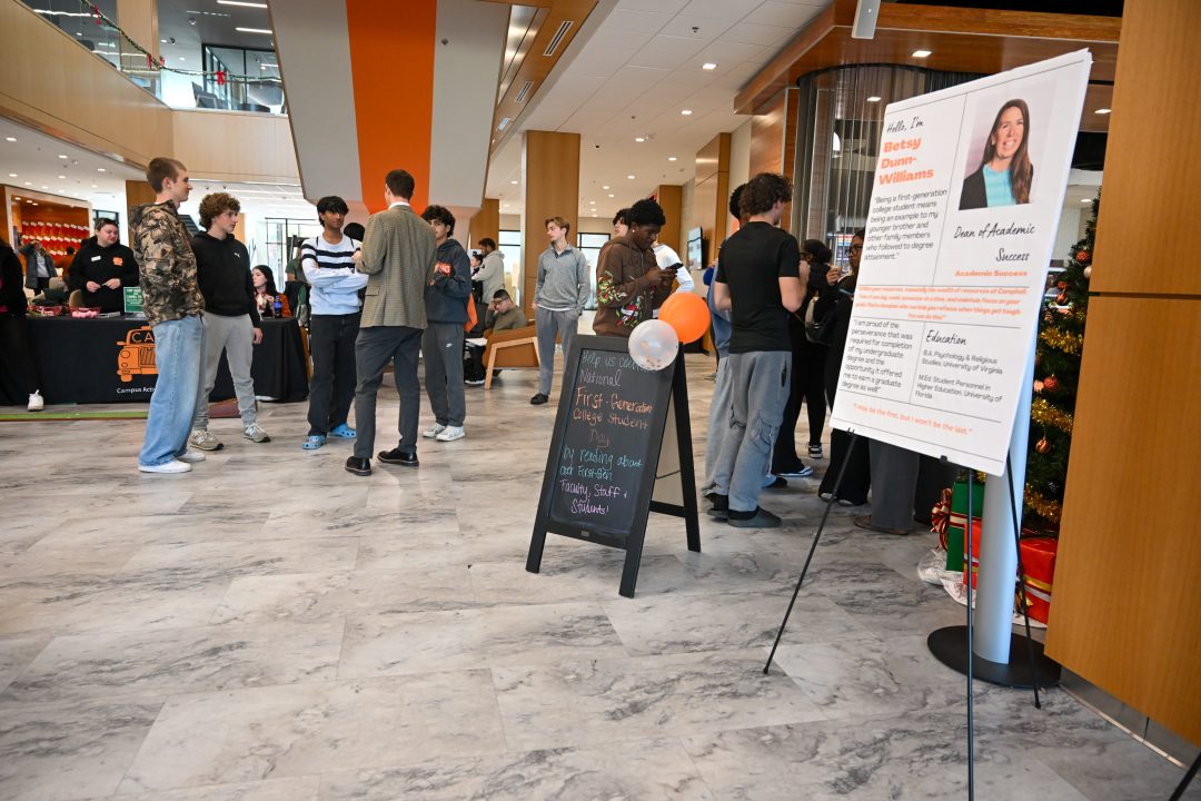 Signage inside the student union for first generation students.