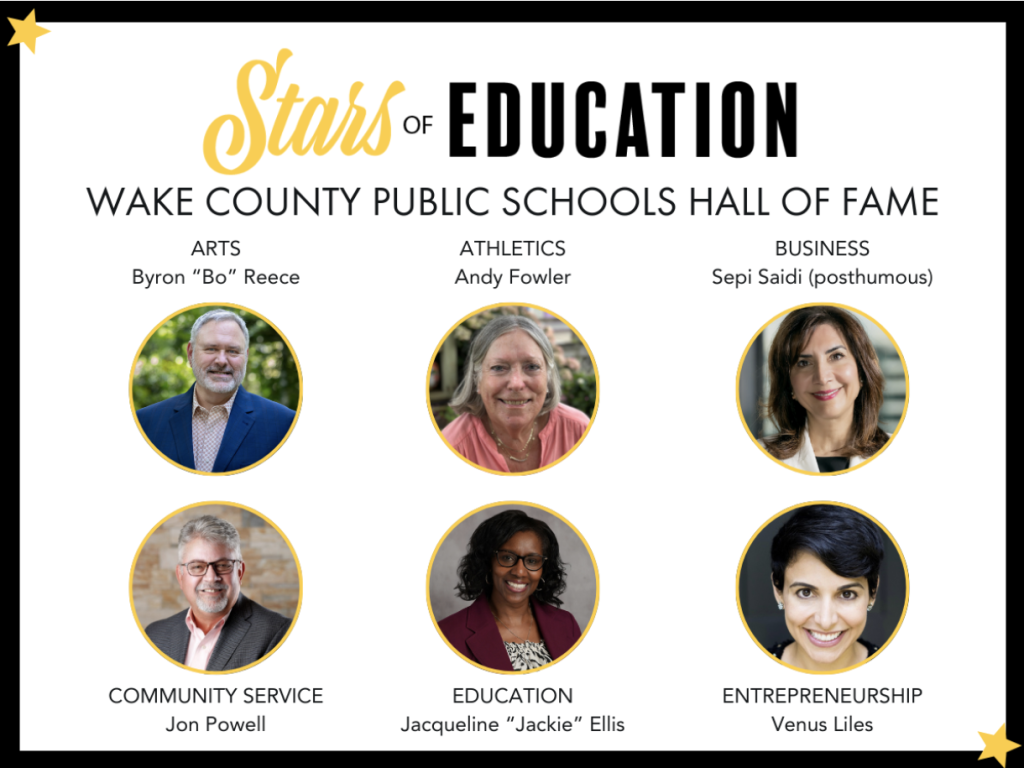 Graphic of Wake County Schools Hall of Fame Stars of Education with photos of Campbell Law Professor Jon Powell '98, Byron “Bo” Reece (Arts), Andy Fowler (Athletics), Sepi Saidi (Business - posthumous), Jackie Ellis (Education) and Venus Liles (Entrepreneurship).