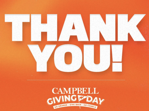 Graphic with white letters that say Thank You! Campbell Giving Day on an orange background