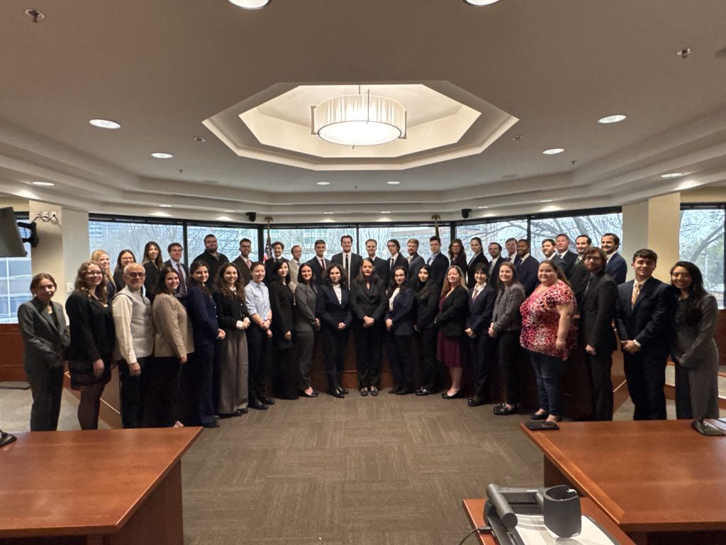 Photo of all the participants in the Campbell Law Vis Pre-Moot Competition First Edition in the Boyce Courtroom