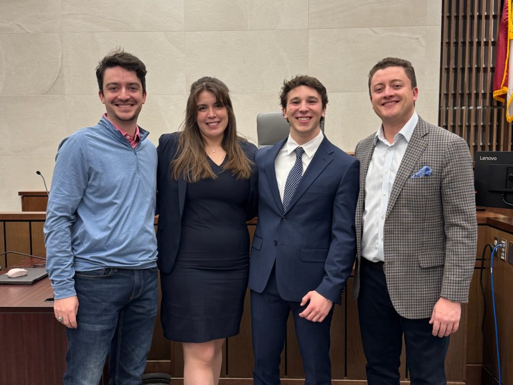 Photo of NTC Regional Trial Advocates Team 1 and coaches Jacob Morse '17 and Austin Graham '25