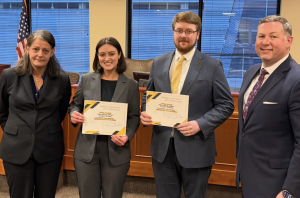 Photo of Professor Raluca Papadima, winners Edmund Gunther ‘26 and Abigail Sholes '27 and Scott Flowers '03