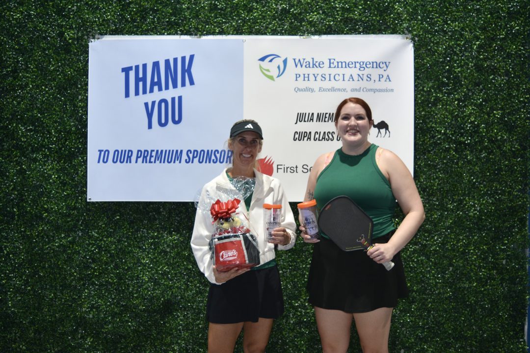 Female team winners standing with thank you sign