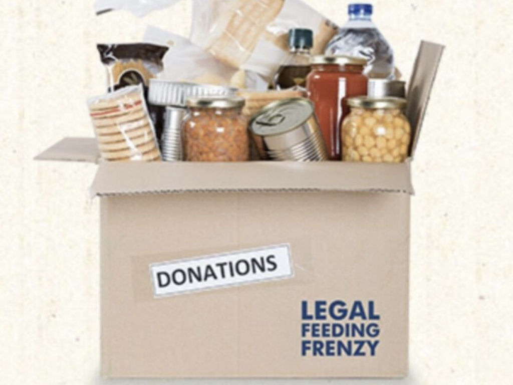 Photo of brown box of food with the words donation and Legal Feeding Frenzy written on it