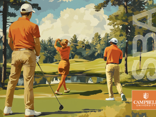 Graphic image of three people playing golf with he University logo and the letters SBA on the side