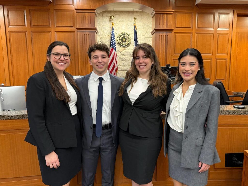 Photo of 2026 South Texas Team posing in courthouse Paige Klink ‘26, Hailey LaRock ‘26, Thomas Lotito ‘26 and Keriann Rodriguez ‘27