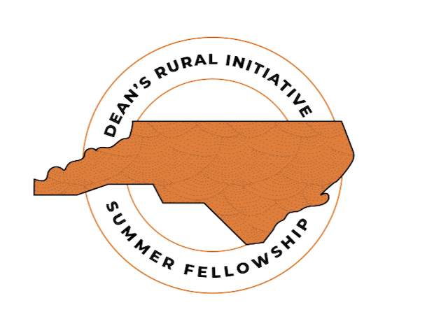 Logo of picture of state of NC outline in orange on white background with the words Dean's Rural Initiative Summer Fellowship