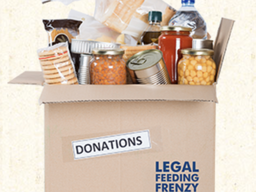 Photo of brown donation box with food sticking out of the top with Legal Feeding Frenzy written on it