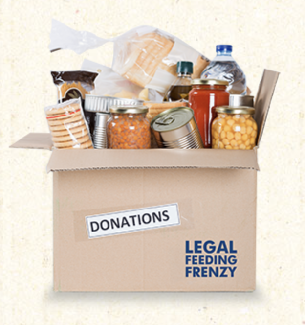 Photo of brown donation box with food sticking out of the top with Legal Feeding Frenzy written on it