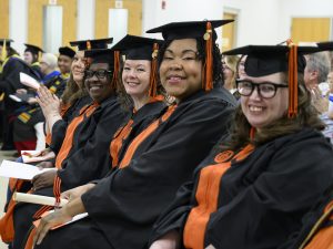 A group of four women from Anson Correctional Facility during the graduation ceremony as part of Campbell University’s Second Chance initiative.