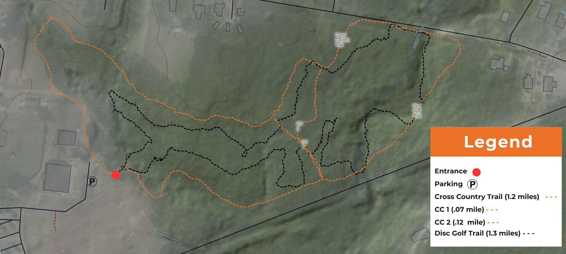 Map showing walking trails and disc golf course