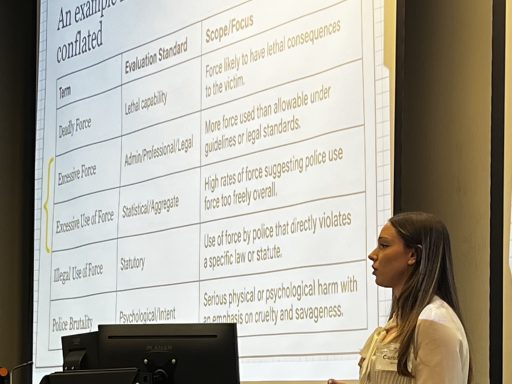 Photo of Campbell Law student Caroline Shabet '27 presenting at ABA Policing Conference