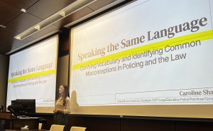Photo of Campbell Law student Caroline Shabet '27 presenting at ABA Policing Conference