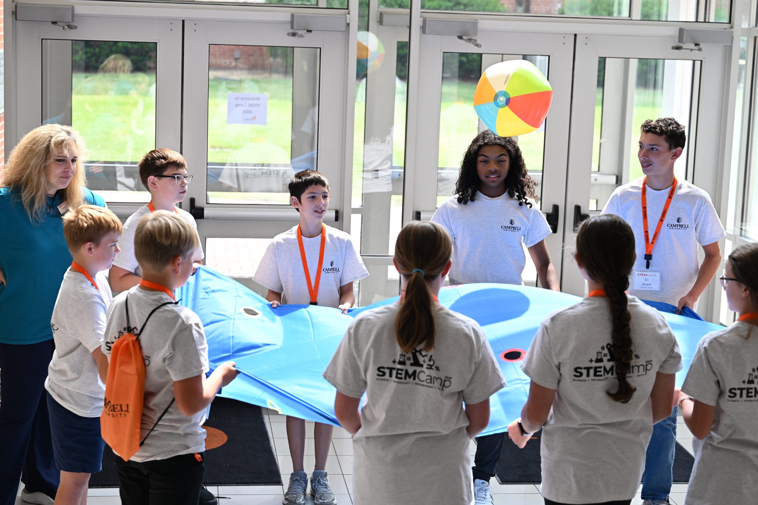 Middle school STEM Camp participants work together during a team-building activity at Campbell University.