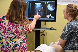 An instructor demonstrates an ultrasound image to a student during a hands-on medical imaging learning activity.