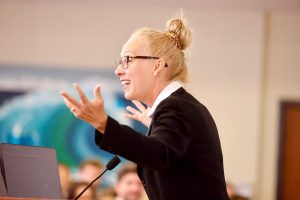 Photo of Campbell Law Professor Lisa Lukasik teaching in Room 105