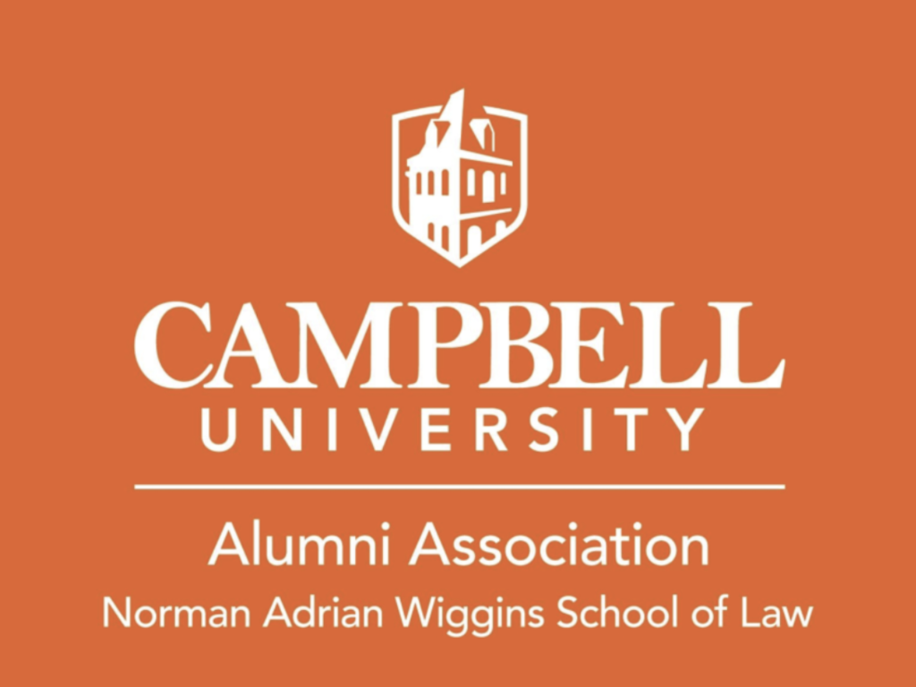 Campbell Law Alumni Association logo with white lettering on orange background