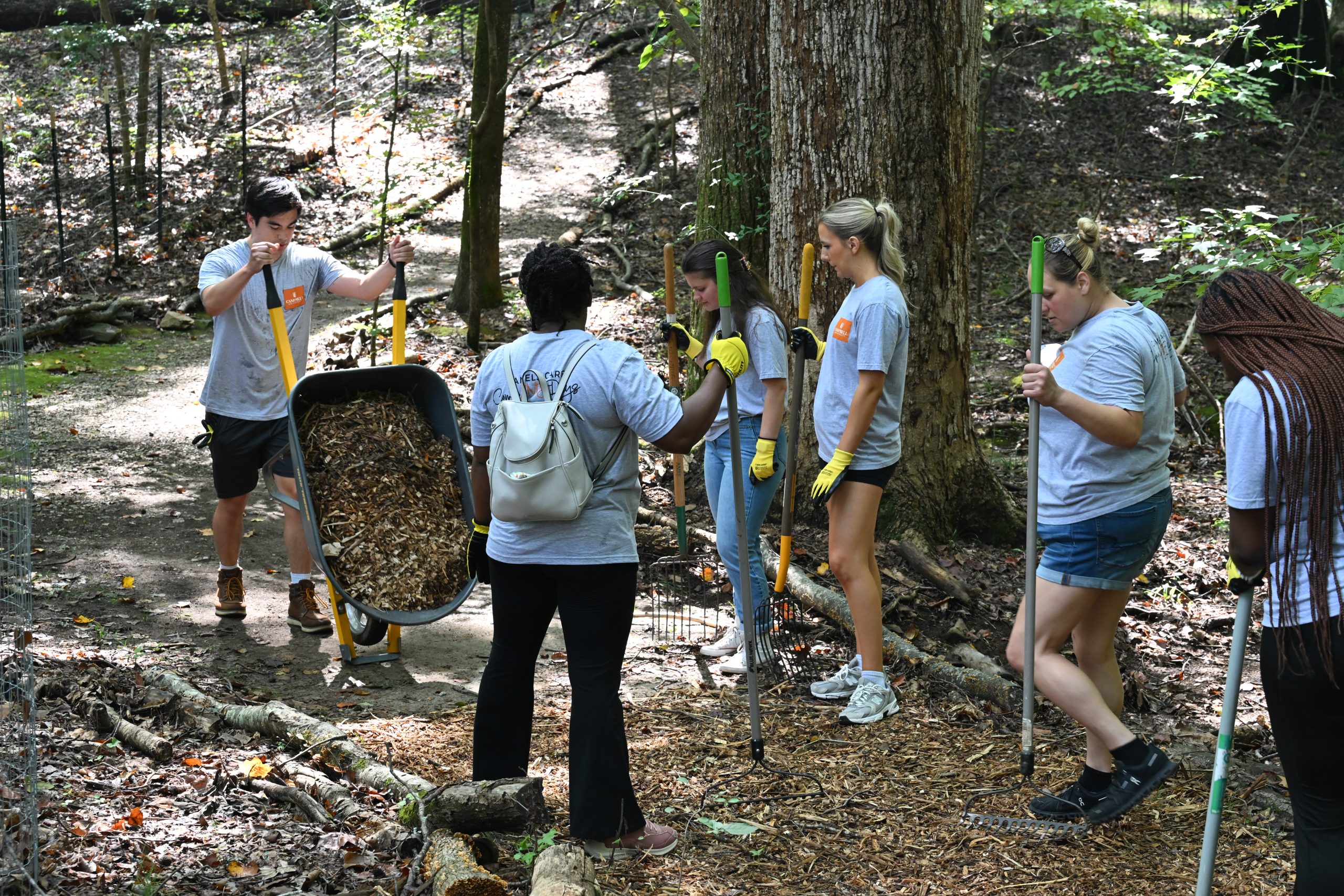 Students spreading mulch on a trail.