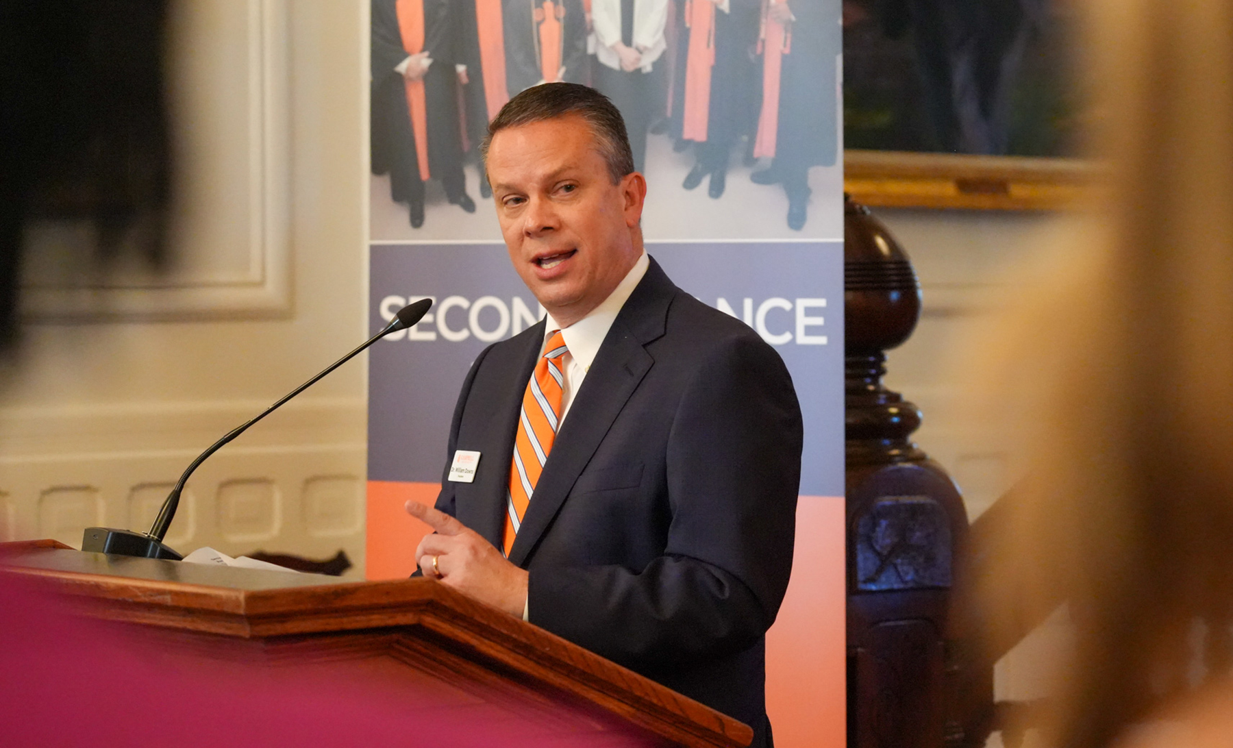 Campbell University President William M. Downs speaks at the Executive Mansion in Raleigh.