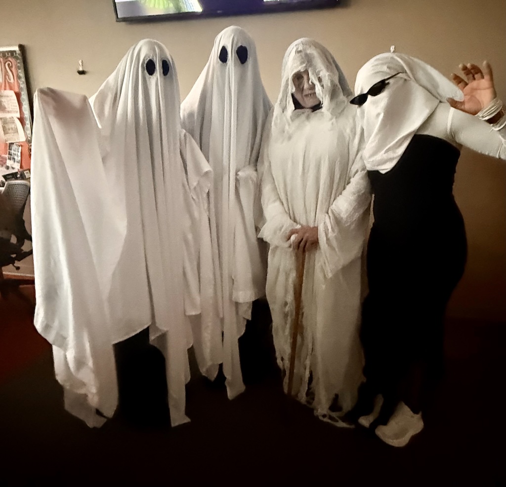 Photo of ghosts as CUSOM and CPHS students learn and collaborate during the Haunted Hospital event.