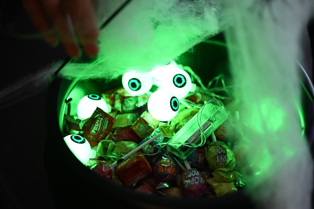 Photo of a spooky bowl of candy.