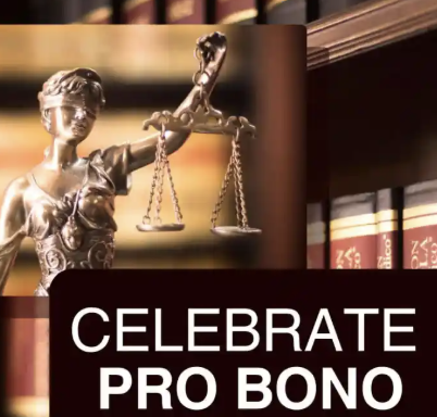 Photo of scales of just with law books behind it and the words celebrate pro bono