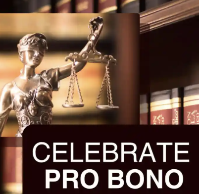 Photo of scales of just with law books behind it and the words celebrate pro bono