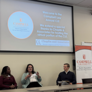 Photo of Keith Boyette ‘19, vice president of State Government Affairs for Advocate Health, Amanda Demopolus '10 of Duke Energy and Terrie Nelson '18 of Thermo Fisher Scientific