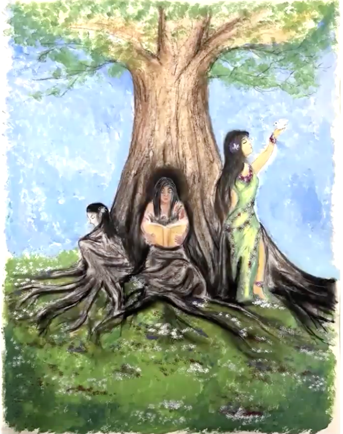 Painting of three women sitting at the base of a tree