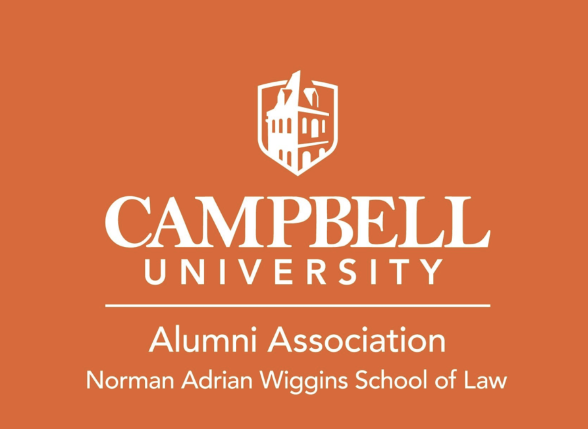 Graphic of Campbell Law Alumni Association logo with university logo in white on orange background