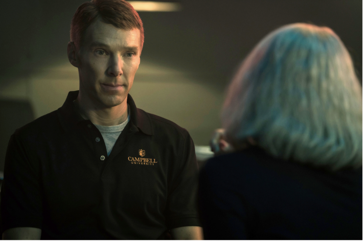 Photo of actor Benedict Cumberbatch wearing a black Campbell University polo