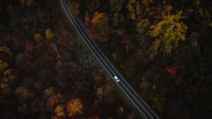 Overhead view of a car on a road