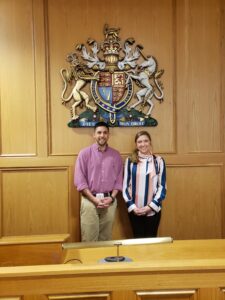 Photo of Campbell Law students Lindsey Reedy and John Ryan in Nottingham Law courtroom