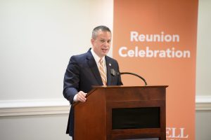 Campbell University President Downs speaking at the Golden Club Luncheon