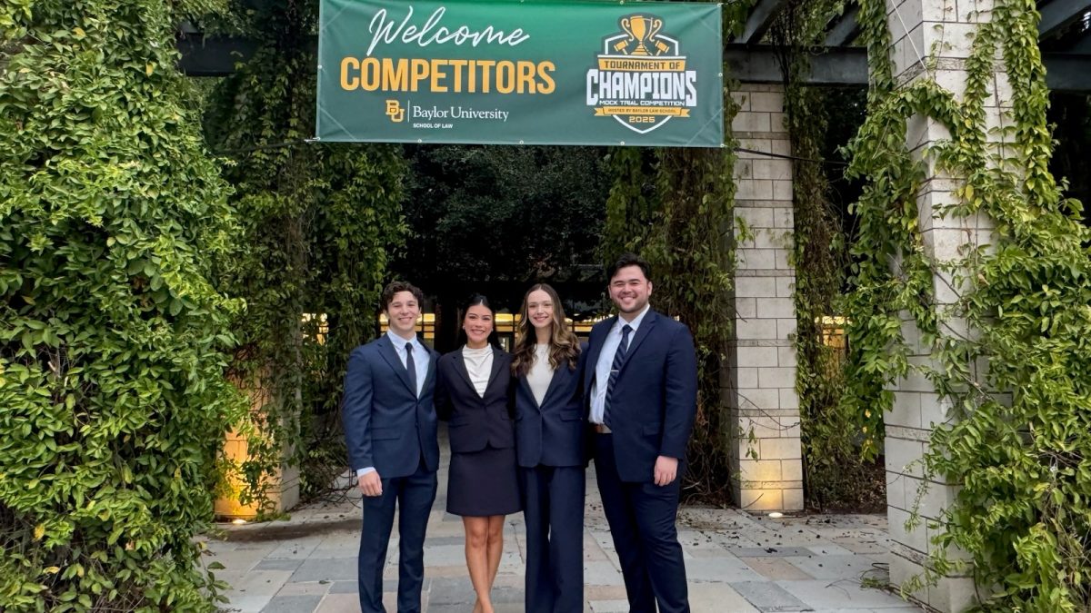 Photo of the 2025 Tournament of Champions trial team at Baylor Law School. Posing in the photo are Thomas Lotito ‘26, Caroline Shabet ‘27, Keriann Rodriguez ’27 and David Olshinski ‘26.